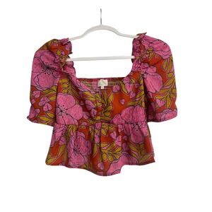 dee elly Womens Floral Square Neck Smocked Peplum Top Blouse Pink Orange S